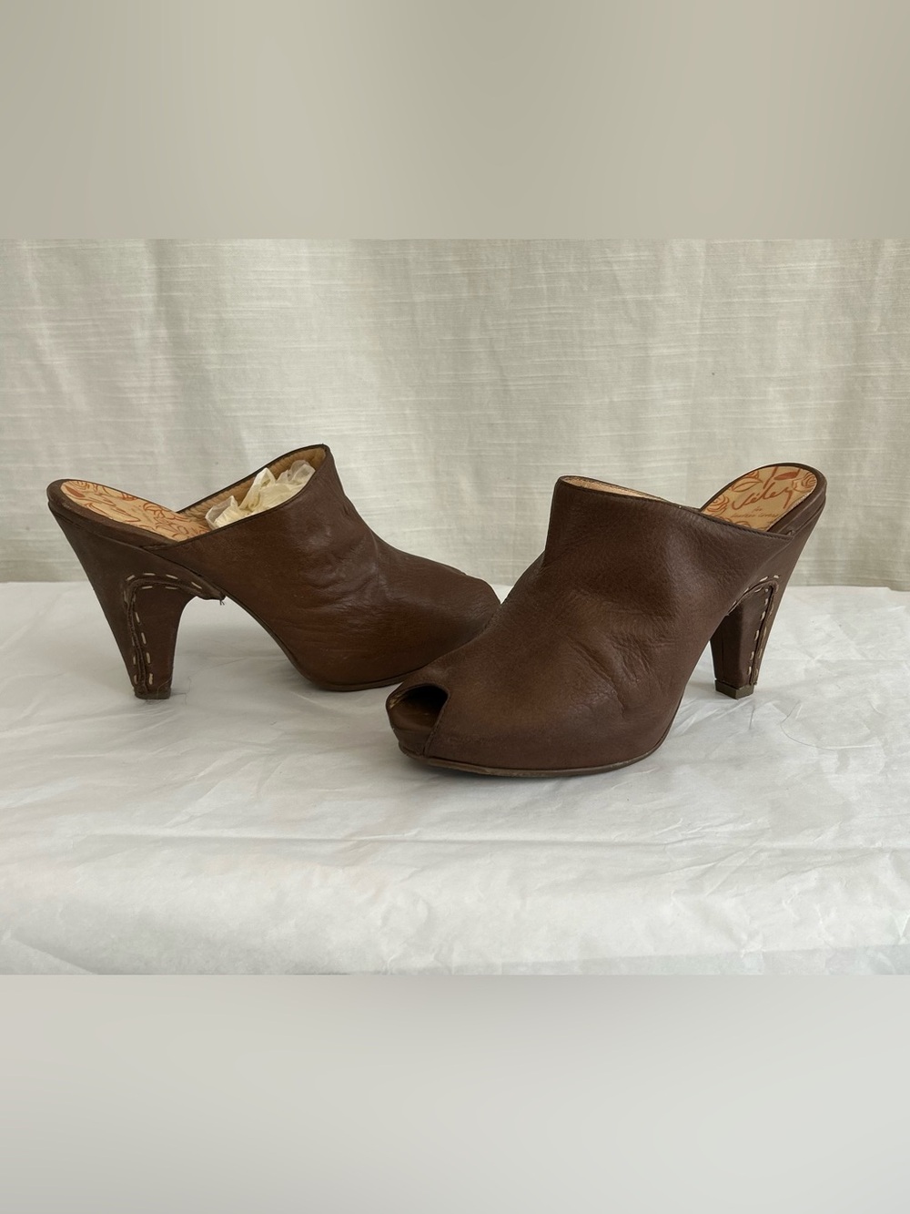 Velez Artisan Brown 100% Top Grain Leather Peep-Toe Mule‎ Heels
